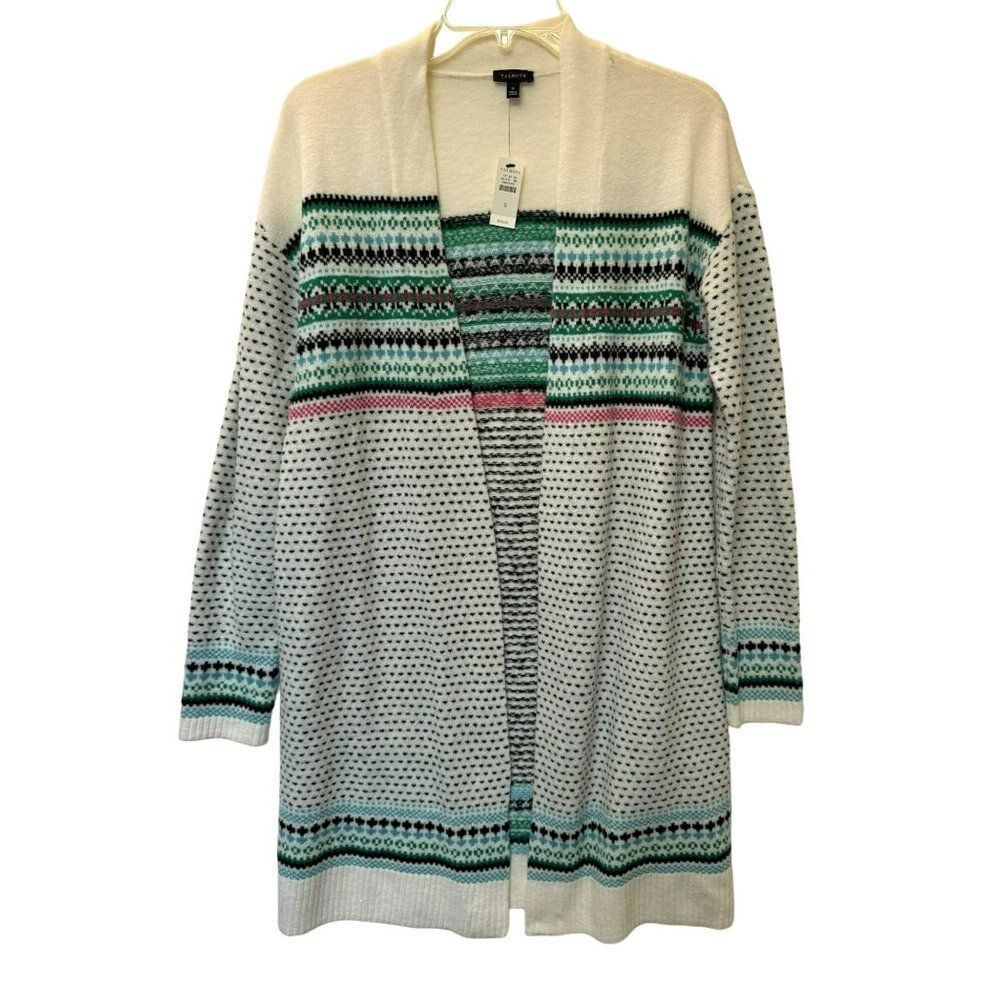 Talbots Breton Fair Isle Nordic Open Front Cardigan Sweater Sz S Small Flaw NEW